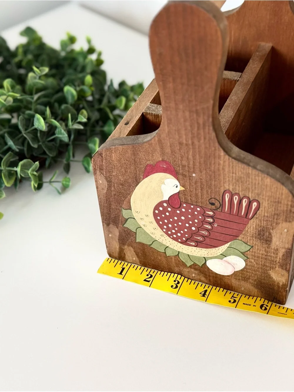 Hand-Painted Rustic Wooden Caddy with Red Hen Motif